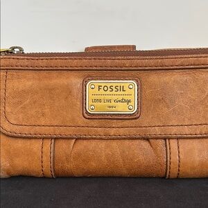 Fossil Tan Leather Clutch with Gold Accents
